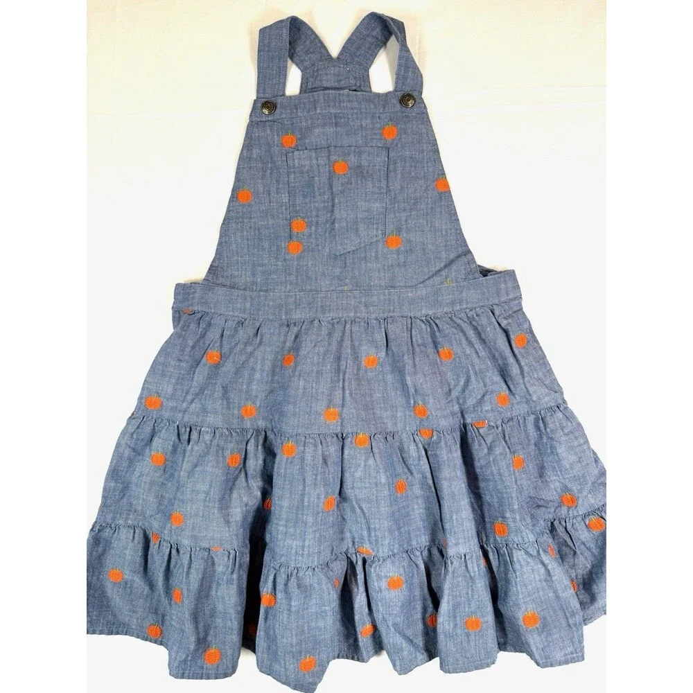 GYMBOREE Girls Chambray Pumpkin Embroidered Tiered Overall Dress 12‎ Cottagecore